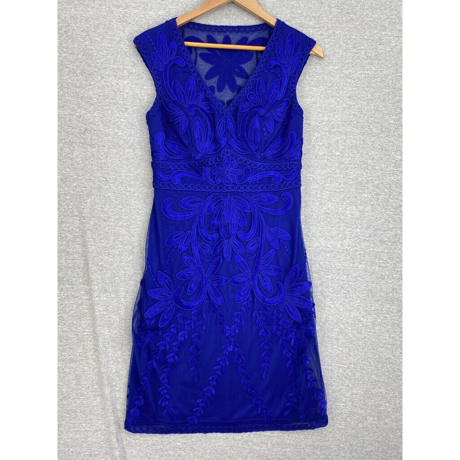 Sue Wong Dress Womens 6 Blue Embroidered Sheer Lace Lined Sleeveless Fitted Gown